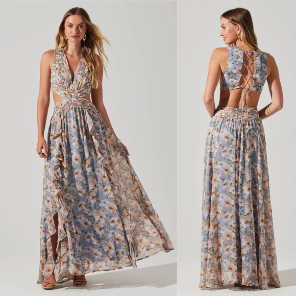 Astr Dresses & Skirts - New ASTR Noya Floral Ruffle Cutout Lace Up Maxi Dress Revolve